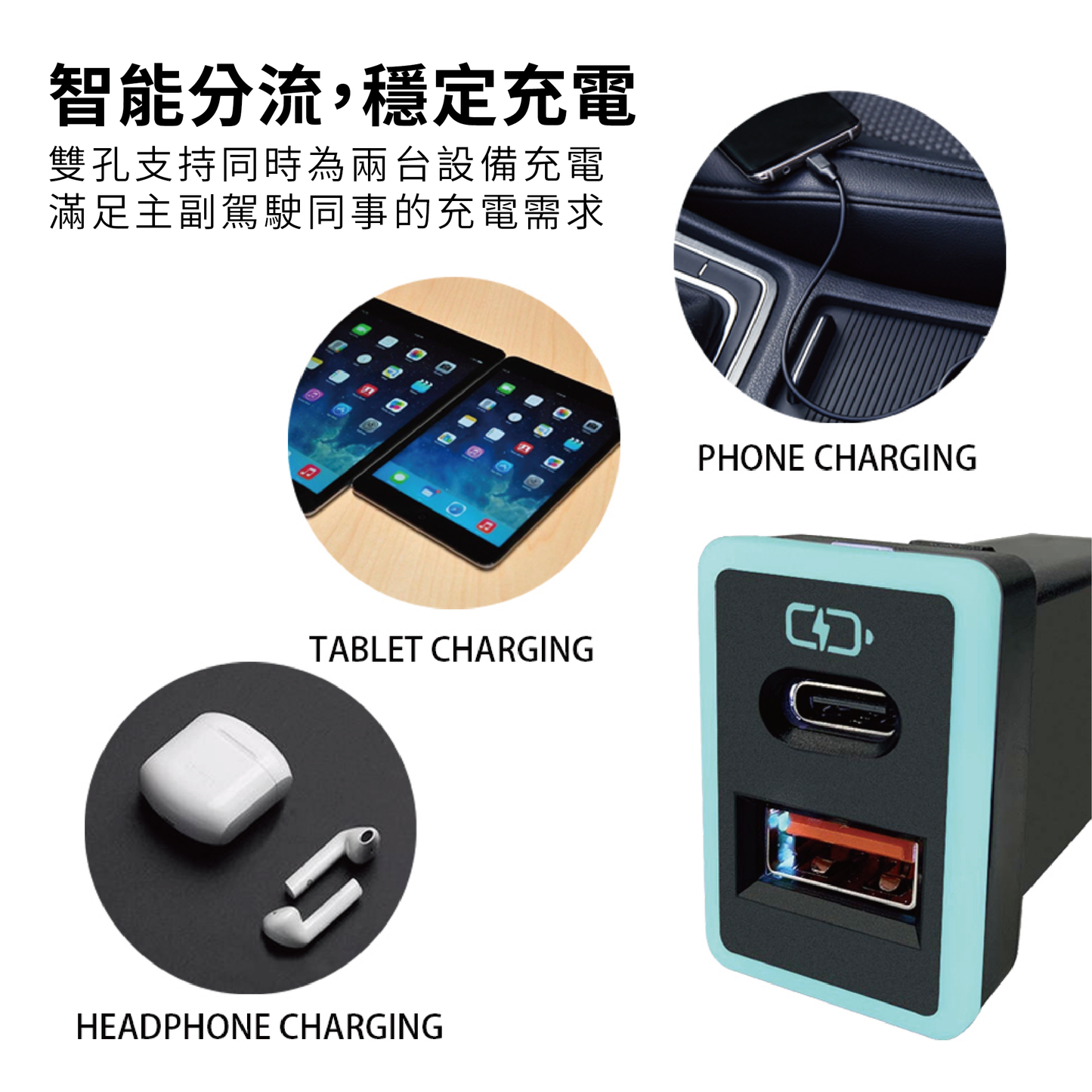 豐田TOYOTA 中型款3.0快充 USB+TYPE C車充 免挖孔崁入式車充