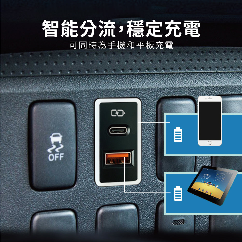 豐田TOYOTA 中型款變色燈 USB+TYPE-C 雙孔車充 預留孔免挖孔崁入式3.0快充【Carster】