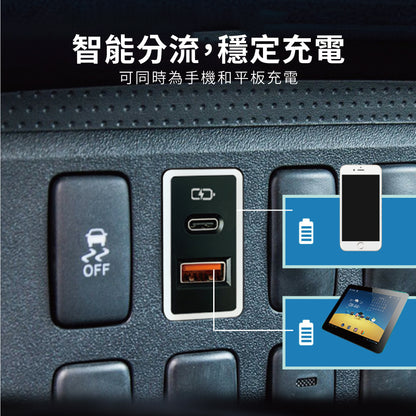 豐田TOYOTA 大型款變色燈 USB+TYPE-C 雙孔車充 預留孔免挖孔崁入式3.0快充【Carster】